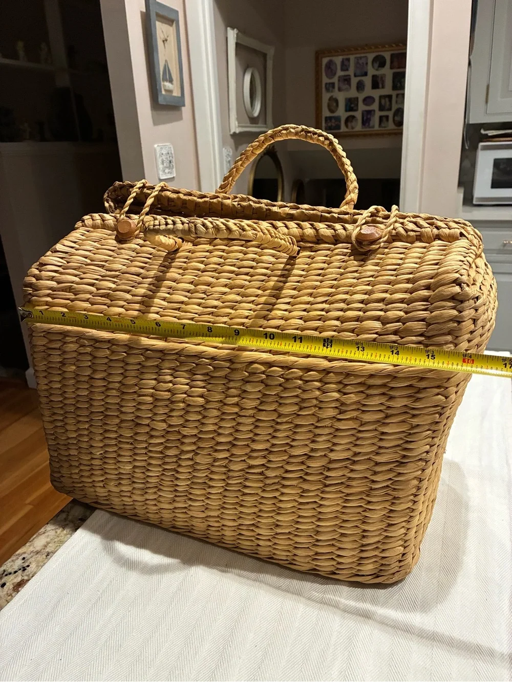 Vintage natural water hyacinth and reed structured picnic basket